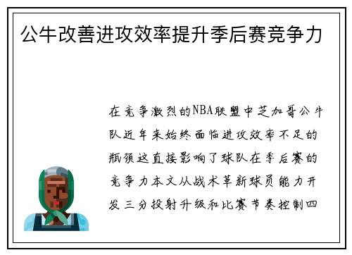 公牛改善进攻效率提升季后赛竞争力