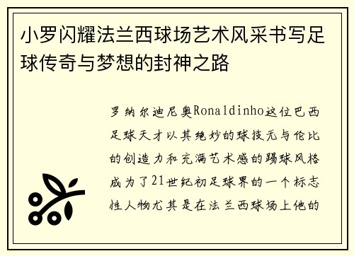 小罗闪耀法兰西球场艺术风采书写足球传奇与梦想的封神之路