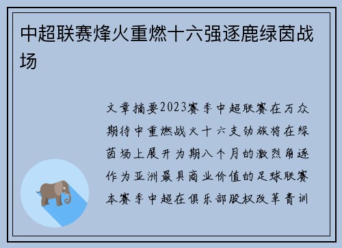 中超联赛烽火重燃十六强逐鹿绿茵战场