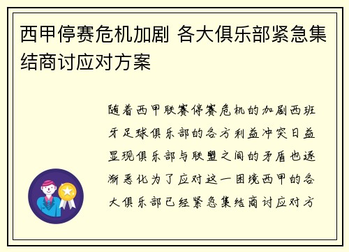 西甲停赛危机加剧 各大俱乐部紧急集结商讨应对方案