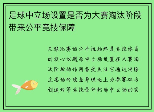 足球中立场设置是否为大赛淘汰阶段带来公平竞技保障