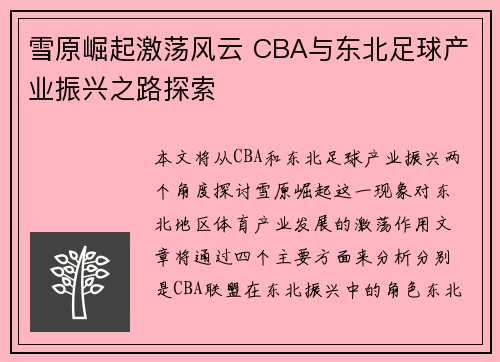 雪原崛起激荡风云 CBA与东北足球产业振兴之路探索